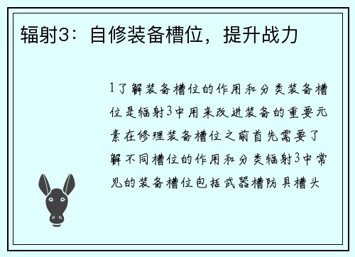 辐射3：自修装备槽位，提升战力
